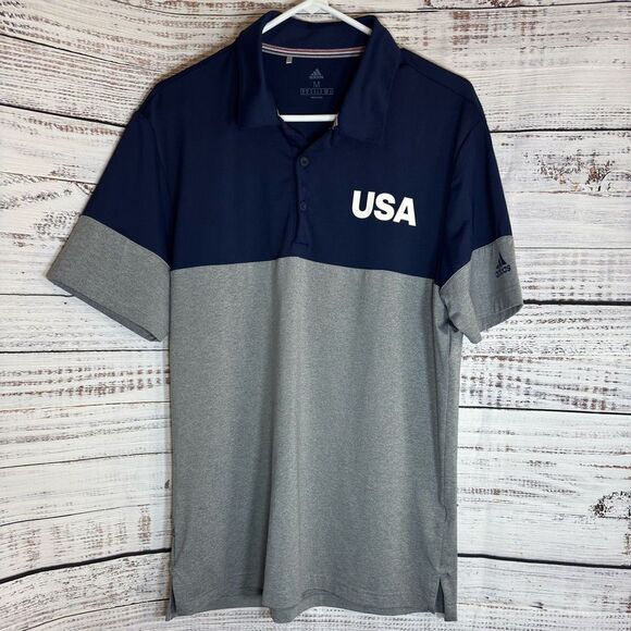 Adidas Polo Mens Size Medium USA Golf All Day 2.0 Colorblock Polo Navy Gray - Picture 1 of 10